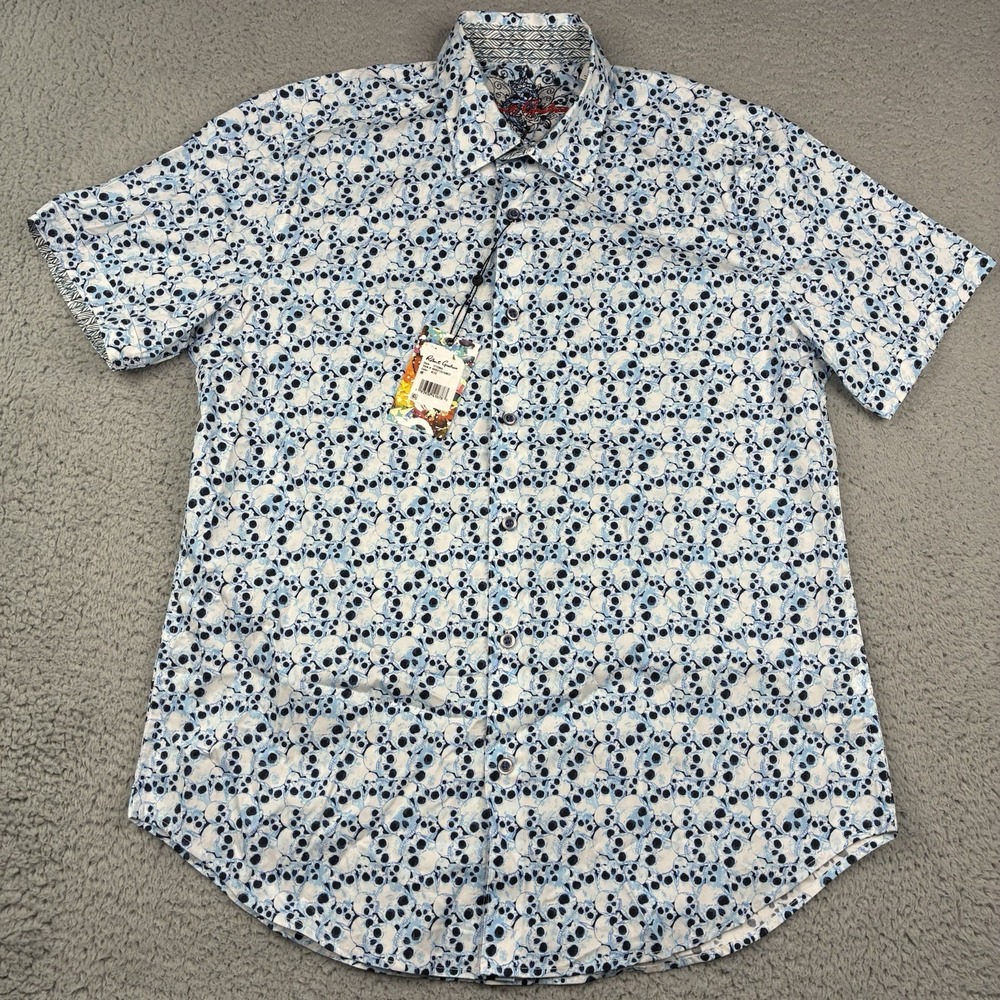 Robert Graham Tetonia Skull Print Short Sleeve Shirt Men's Medium Blue NWT
